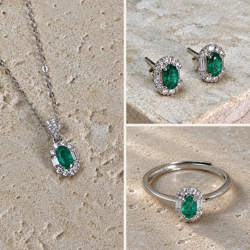 Set Esmeralda, tres fotografías reales: collar, aretes y anillo