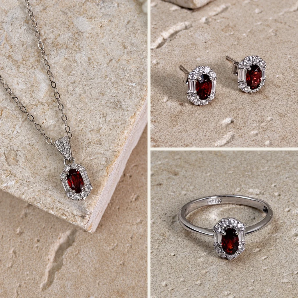 Set Granate, tres fotografías reales: collar, aretes y anillo