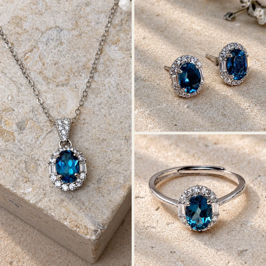 Set Topacio, tres fotografías reales: collar, aretes y anillo